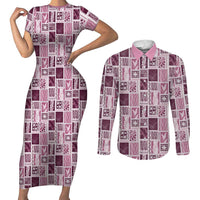 Vintage Aloha Block Quilt Couples Matching Short Sleeve Bodycon Dress and Long Sleeve Button Shirt Pink Inspired Lei Motifs - Polynesian Pride