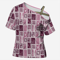 Vintage Aloha Block Quilt Cross Shoulder Shirt Pink Inspired Lei Motifs LT9 Female Pink - Polynesian Pride