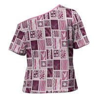 Vintage Aloha Block Quilt Cross Shoulder Shirt Pink Inspired Lei Motifs LT9 - Polynesian Pride