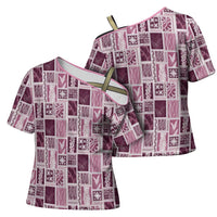 Vintage Aloha Block Quilt Cross Shoulder Shirt Pink Inspired Lei Motifs LT9 - Polynesian Pride
