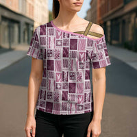 Vintage Aloha Block Quilt Cross Shoulder Shirt Pink Inspired Lei Motifs LT9 - Polynesian Pride