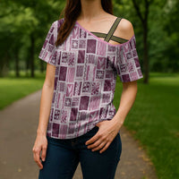 Vintage Aloha Block Quilt Cross Shoulder Shirt Pink Inspired Lei Motifs LT9 - Polynesian Pride