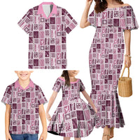 Vintage Aloha Block Quilt Family Matching Mermaid Dress and Hawaiian Shirt Pink Inspired Lei Motifs - Polynesian Pride