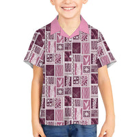 Vintage Aloha Block Quilt Family Matching Off The Shoulder Long Sleeve Dress and Hawaiian Shirt Pink Inspired Lei Motifs - Polynesian Pride