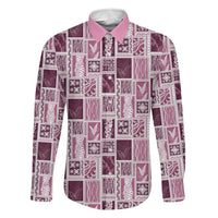 Vintage Aloha Block Quilt Family Matching Off Shoulder Maxi Dress and Hawaiian Shirt Pink Inspired Lei Motifs - Polynesian Pride