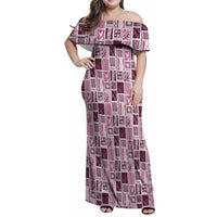 Vintage Aloha Block Quilt Family Matching Off Shoulder Maxi Dress and Hawaiian Shirt Pink Inspired Lei Motifs - Polynesian Pride