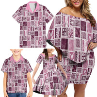 Vintage Aloha Block Quilt Family Matching Off Shoulder Short Dress and Hawaiian Shirt Pink Inspired Lei Motifs - Polynesian Pride