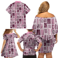 Vintage Aloha Block Quilt Family Matching Off Shoulder Short Dress and Hawaiian Shirt Pink Inspired Lei Motifs - Polynesian Pride