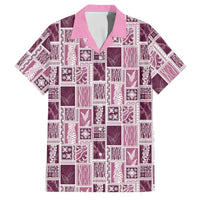 Vintage Aloha Block Quilt Family Matching Off Shoulder Short Dress and Hawaiian Shirt Pink Inspired Lei Motifs - Polynesian Pride