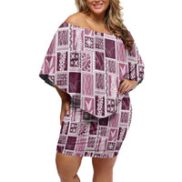 Vintage Aloha Block Quilt Family Matching Off Shoulder Short Dress and Hawaiian Shirt Pink Inspired Lei Motifs - Polynesian Pride