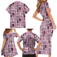 Vintage Aloha Block Quilt Family Matching Short Sleeve Bodycon Dress and Hawaiian Shirt Pink Inspired Lei Motifs - Polynesian Pride