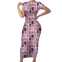 Vintage Aloha Block Quilt Family Matching Short Sleeve Bodycon Dress and Hawaiian Shirt Pink Inspired Lei Motifs - Polynesian Pride