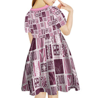 Vintage Aloha Block Quilt Kid Short Sleeve Dress Pink Inspired Lei Motifs LT9 - Polynesian Pride