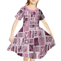 Vintage Aloha Block Quilt Kid Short Sleeve Dress Pink Inspired Lei Motifs LT9 - Polynesian Pride