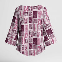 Vintage Aloha Block Quilt Kimono Sleeve Blouse Pink Inspired Lei Motifs - Polynesian Pride