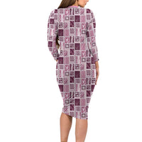 Vintage Aloha Block Quilt Long Sleeve Bodycon Dress Pink Inspired Lei Motifs - Polynesian Pride