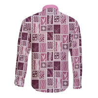 Vintage Aloha Block Quilt Long Sleeve Button Shirt Pink Inspired Lei Motifs - Polynesian Pride