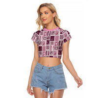 Vintage Aloha Block Quilt Raglan Cropped T Shirt Pink Inspired Lei Motifs LT9 Female Pink - Polynesian Pride