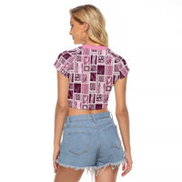 Vintage Aloha Block Quilt Raglan Cropped T Shirt Pink Inspired Lei Motifs - Polynesian Pride