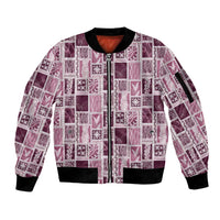 Vintage Aloha Block Quilt Sleeve Zip Bomber Jacket Pink Inspired Lei Motifs - Polynesian Pride