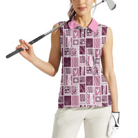 Vintage Aloha Block Quilt Women Sleeveless Polo Shirt Pink Inspired Lei Motifs - Polynesian Pride