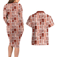 Vintage Aloha Block Quilt Couples Matching Long Sleeve Bodycon Dress and Hawaiian Shirt Red Inspired Lei Motifs - Polynesian Pride
