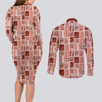 Vintage Aloha Block Quilt Couples Matching Long Sleeve Bodycon Dress and Long Sleeve Button Shirt Red Inspired Lei Motifs - Polynesian Pride