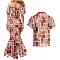 Vintage Aloha Block Quilt Couples Matching Mermaid Dress and Hawaiian Shirt Red Inspired Lei Motifs - Polynesian Pride