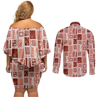 Vintage Aloha Block Quilt Couples Matching Off Shoulder Short Dress and Long Sleeve Button Shirt Red Inspired Lei Motifs - Polynesian Pride