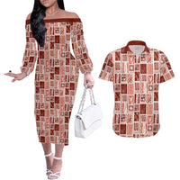 Vintage Aloha Block Quilt Couples Matching Off The Shoulder Long Sleeve Dress and Hawaiian Shirt Red Inspired Lei Motifs - Polynesian Pride