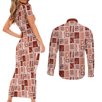 Vintage Aloha Block Quilt Couples Matching Short Sleeve Bodycon Dress and Long Sleeve Button Shirt Red Inspired Lei Motifs - Polynesian Pride