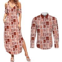 Vintage Aloha Block Quilt Couples Matching Summer Maxi Dress and Long Sleeve Button Shirt Red Inspired Lei Motifs - Polynesian Pride
