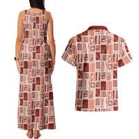 Vintage Aloha Block Quilt Couples Matching Tank Maxi Dress and Hawaiian Shirt Red Inspired Lei Motifs - Polynesian Pride
