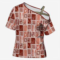 Vintage Aloha Block Quilt Cross Shoulder Shirt Red Inspired Lei Motifs LT9 Female Red - Polynesian Pride