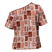 Vintage Aloha Block Quilt Cross Shoulder Shirt Red Inspired Lei Motifs LT9 - Polynesian Pride