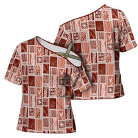 Vintage Aloha Block Quilt Cross Shoulder Shirt Red Inspired Lei Motifs - Polynesian Pride