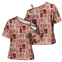 Vintage Aloha Block Quilt Cross Shoulder Shirt Red Inspired Lei Motifs LT9 - Polynesian Pride