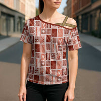 Vintage Aloha Block Quilt Cross Shoulder Shirt Red Inspired Lei Motifs LT9 - Polynesian Pride