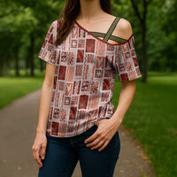 Vintage Aloha Block Quilt Cross Shoulder Shirt Red Inspired Lei Motifs LT9 - Polynesian Pride