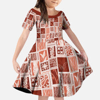 Vintage Aloha Block Quilt Family Matching Long Sleeve Bodycon Dress and Hawaiian Shirt Red Inspired Lei Motifs - Polynesian Pride