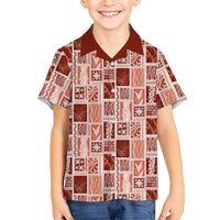 Vintage Aloha Block Quilt Family Matching Long Sleeve Bodycon Dress and Hawaiian Shirt Red Inspired Lei Motifs - Polynesian Pride