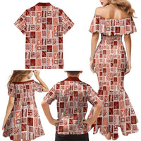 Vintage Aloha Block Quilt Family Matching Mermaid Dress and Hawaiian Shirt Red Inspired Lei Motifs - Polynesian Pride