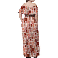 Vintage Aloha Block Quilt Family Matching Off Shoulder Maxi Dress and Hawaiian Shirt Red Inspired Lei Motifs - Polynesian Pride