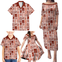 Vintage Aloha Block Quilt Family Matching Puletasi and Hawaiian Shirt Red Inspired Lei Motifs - Polynesian Pride