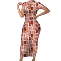 Vintage Aloha Block Quilt Family Matching Short Sleeve Bodycon Dress and Hawaiian Shirt Red Inspired Lei Motifs - Polynesian Pride