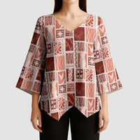 Vintage Aloha Block Quilt Kimono Sleeve Blouse Red Inspired Lei Motifs - Polynesian Pride