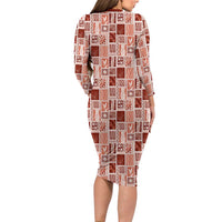 Vintage Aloha Block Quilt Long Sleeve Bodycon Dress Red Inspired Lei Motifs - Polynesian Pride