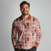 Vintage Aloha Block Quilt Long Sleeve Polo Shirt Red Inspired Lei Motifs - Polynesian Pride