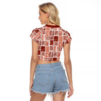 Vintage Aloha Block Quilt Raglan Cropped T Shirt Red Inspired Lei Motifs - Polynesian Pride