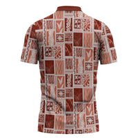 Vintage Aloha Block Quilt Zipper Polo Shirt Red Inspired Lei Motifs LT9 - Polynesian Pride